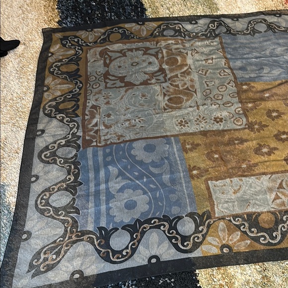 Vintage Multicolor Patterned Scarf Sheer Hair Wrap Brown Blue & Black Hues 34" - Picture 2 of 7